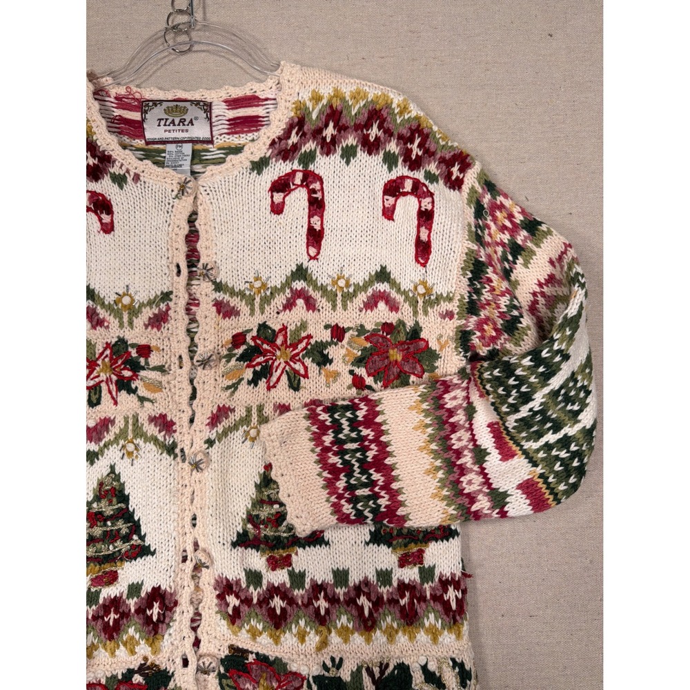 Tiara Petites Vintage Christmas Cardigan Sweater Beaded Embroidered PM Cream